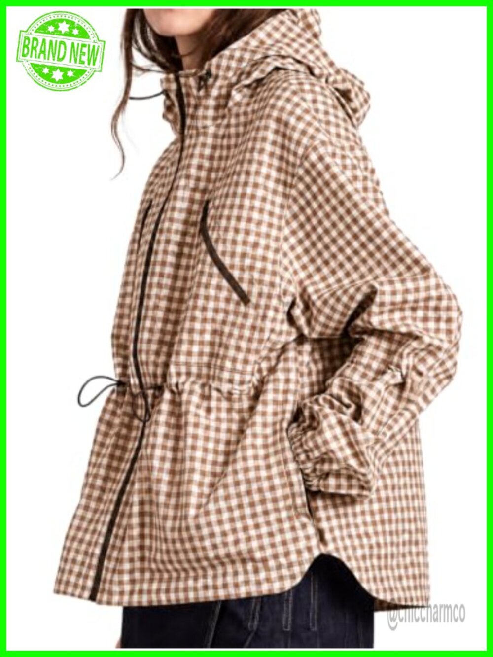 Fisoew Womens Plaid Rain Jacket Hooded Windbreaker Waterproof Raincoat